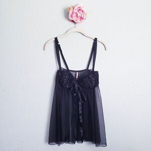 Victoria's Secret Sexy Little Things Black Lace Rhinestone Babydoll Tank 34D